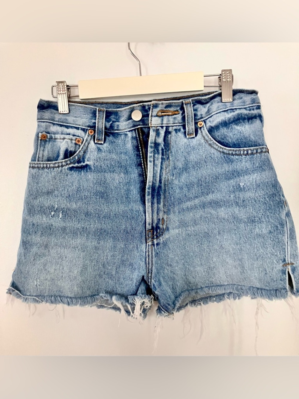 BDG Light Blue girlfriend  High-Rise Frayed Hem Denim Shorts with slits on sides